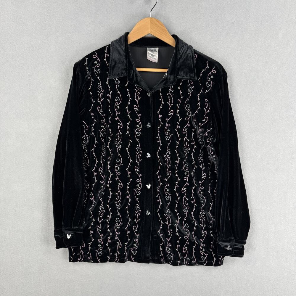 Disney Shirt Womens Small Black Velvet Button Up Embroidered Mickey Mouse Floral - Picture 1 of 8